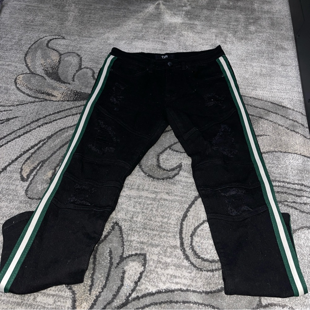 Ops Black Distressed Side Stripe Biker Style Jeans Size 32